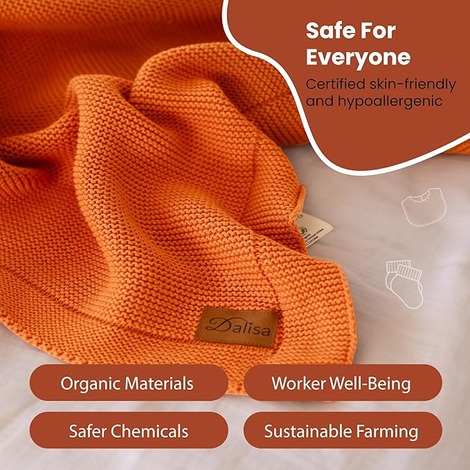 Dalisa 100% Organic Turkish Cotton Throw Blanket - GOTS Certified, Cozy - Perfect for Couch, Bed, and Home Decor - Boho Vintage Knit Alina (Harvest Pumpkin, 60x80)