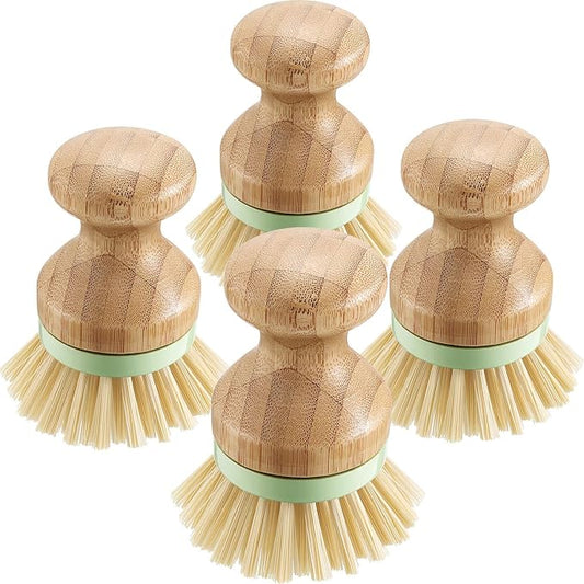 4 Pieces Bamboo Dish Scrub Brush with Holders Wooden Bamboo Round Scrubbers Stiff Bristles Pot Brushes for Wash Dishes, Pots, Pans, Kitchen Iron Pot Pan Sink(Classic Style,Green)