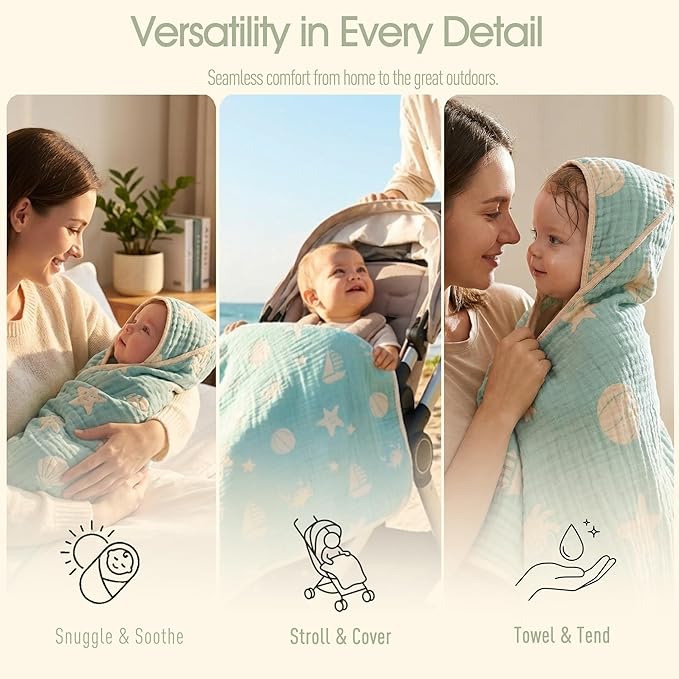 Ultra-Soft Muslin Baby Hooded Towel - 32 x 32 Inches, Ideal for Bath & Beach, Suitable for Both Boys & Girls from Newborns to Toddlers