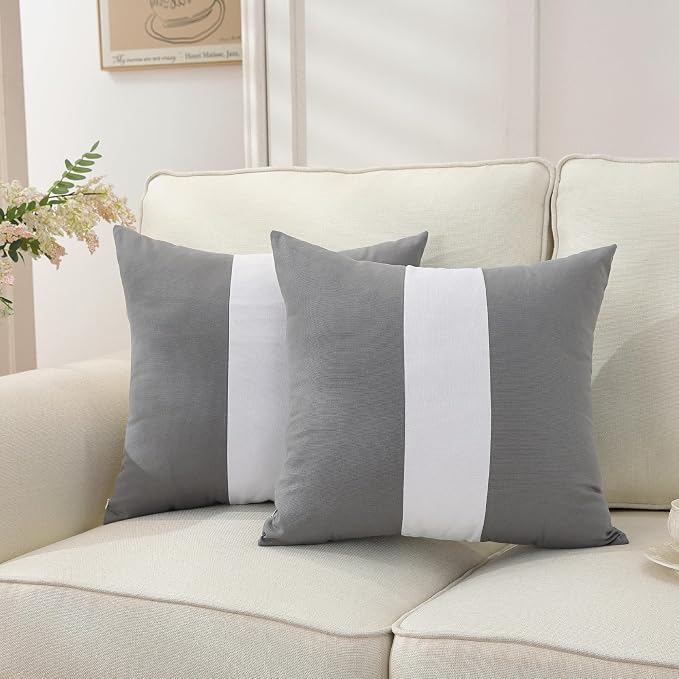 TAOSON Set of 2, Gray 100% Cotton Canvas Patchwork Throw Pillow Covers 18x18 Inch, Modern White Striped Farmhouse Decor Cushion Covers for Sofa Couch Bedroom Living Room