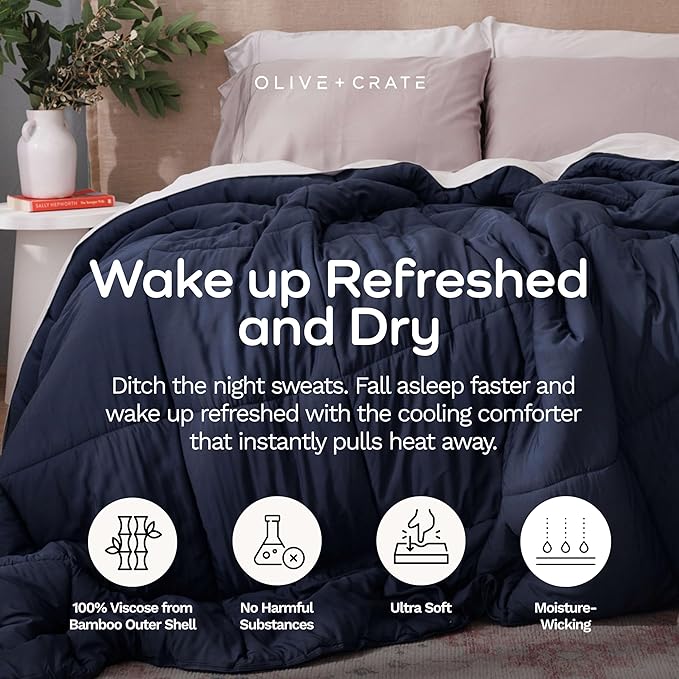 Olive + Crate Cooling Down Alternative Comforter - Hypoallergenic King Size Duvet Insert Lightweight - All Seasons Plush Design Bamboo Comforter - 100% Bamboo Viscose Outer Cover, French Navy 102"x90"