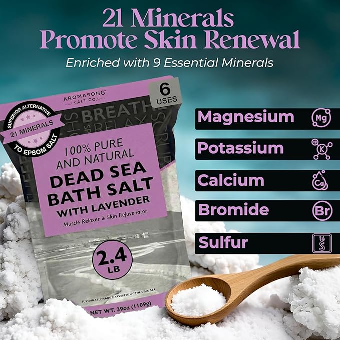 Aromasong Pure Dead Sea Salt for Soaking with 100% Natural Lavender, 2.43 LB - Spa Bath Salt Fine Grain - Body Wash Scrub - Soak for Women & Men- Bulk Resealable Pack