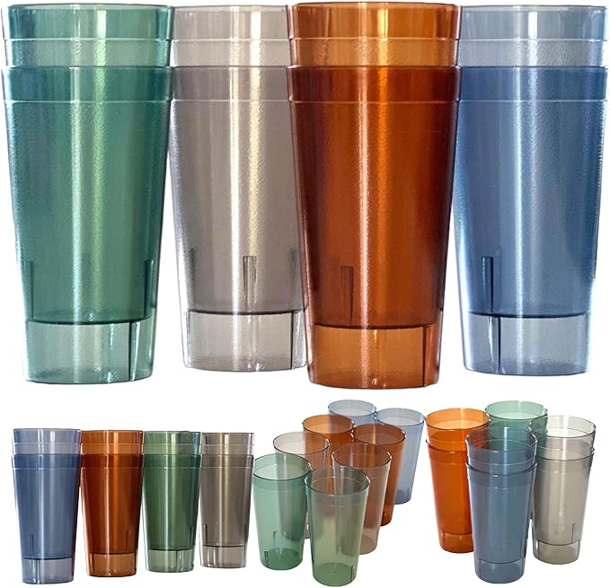 Oojami Set of 16 Plastic Tumblers, 20-Ounce Reusable Cups, BPA-Free & Shatterproof, Stackable Restaurant-Style Drinking Glasses for Water, Juice, and Everyday Use, Dishwasher Safe 20 oz