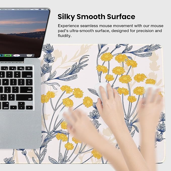 ALOANES Waterproof Mouse Pad with Durable Stitched Edge, Large Gaming Keyboard Pad, Non-Slip Rubber Base, Extended Desk pad for Gamer, Office & Home, Yellow Flower Mousepad 27.6"x 11.8"x 0.12"