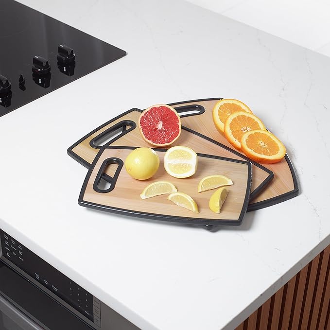 3Pc Bamboo-Designed Cutting Board Set, 8"x12", 9"x14", 12"x15", Plastic with Handle, Dishwasher Safe, Portable, and Stylish