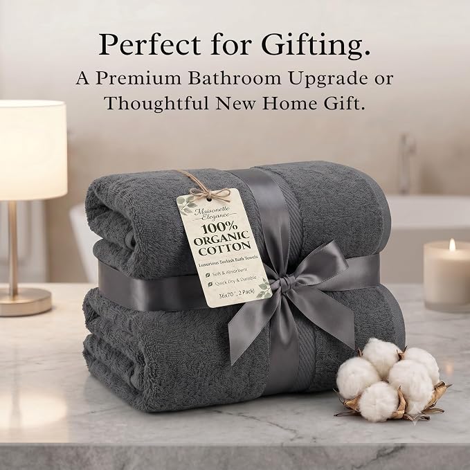 Maisonette Elegance 100% Organic Cotton Turkish Bath Towels, Soft & Absorbent, Ideal Quick Dry Large Luxury Bathroom Towel Set for Shower (30" x 58", 2 Pack) - Dark Grey (Stone)