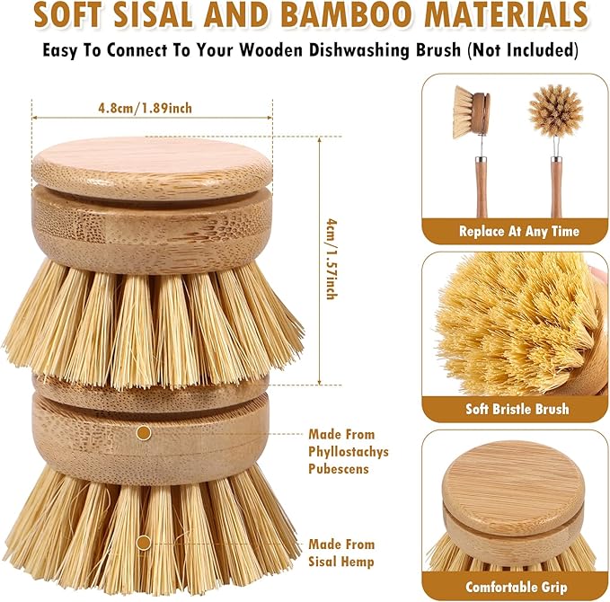 Bamboo Dish Brush - 6 Replacement Heads, Soft Sisal Bristle Scrubber, Brush for Kitchen Cleaning