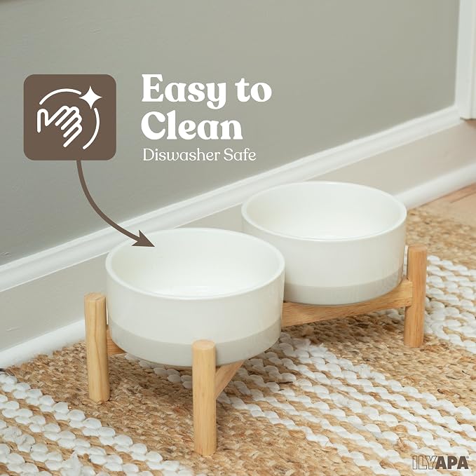 Ilyapa Ceramic Dog Bowls - Elevated for Medium Sized Pet with Raised Food and Water Set - Gray Double 6 inch, 28 Oz Bowls & 13x6.3x5.5 Wooden Stand