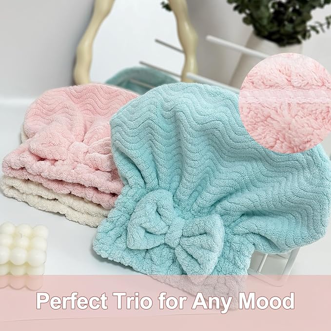 Jseng 3Packs Microfiber Hair Towel for Women - Quick-Drying, Super Absorbent Hair Wrap with Bow Design, Soft Hair Towel Turban for Curly Long Wet Hair