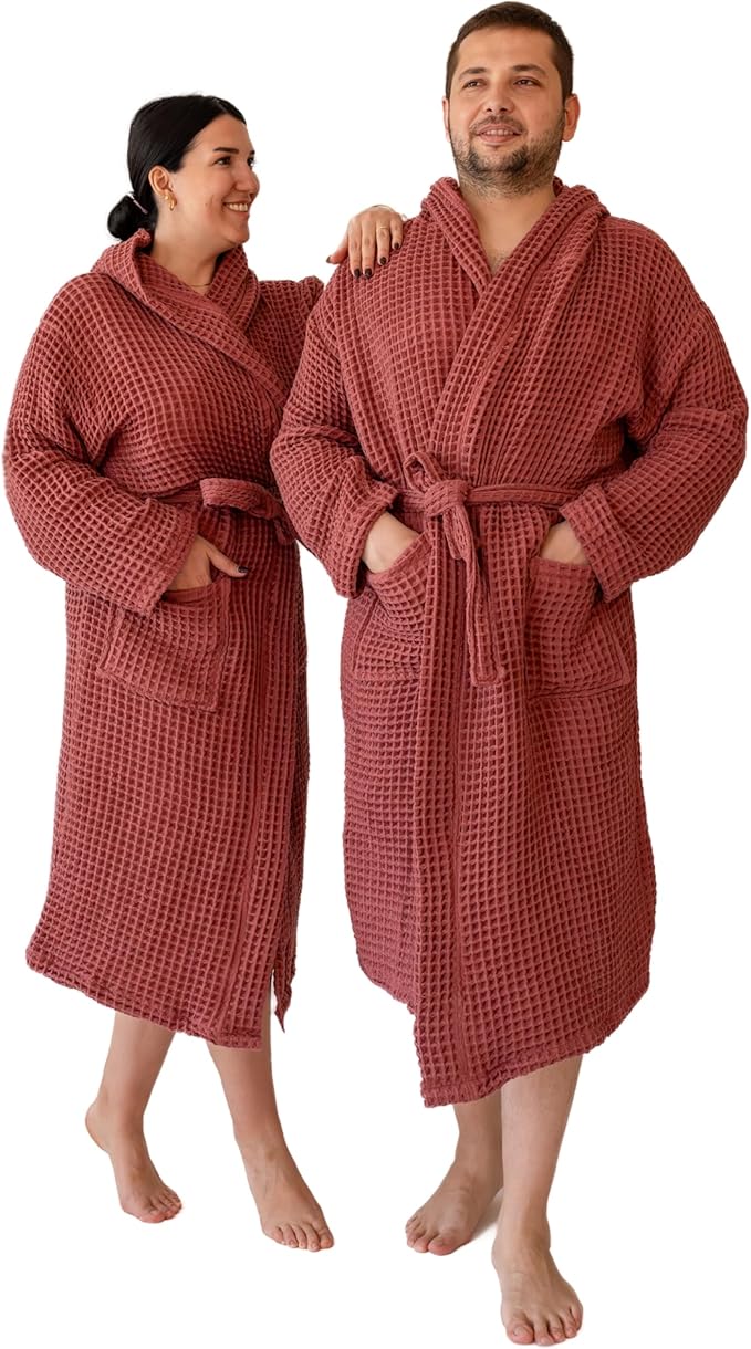 Unisex Hooded Waffle Robe for Women & Men 100% Turkish Cotton | Quick-Dry Bathrobe | Cozy Housecoat for Lounging