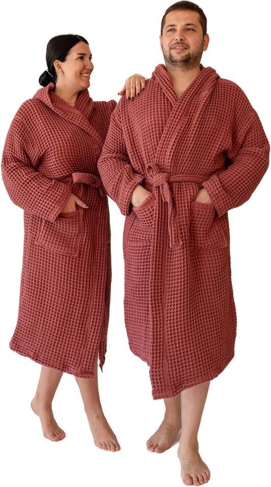 Unisex Hooded Waffle Robe for Women & Men 100% Turkish Cotton | Quick-Dry Bathrobe | Cozy Housecoat for Lounging