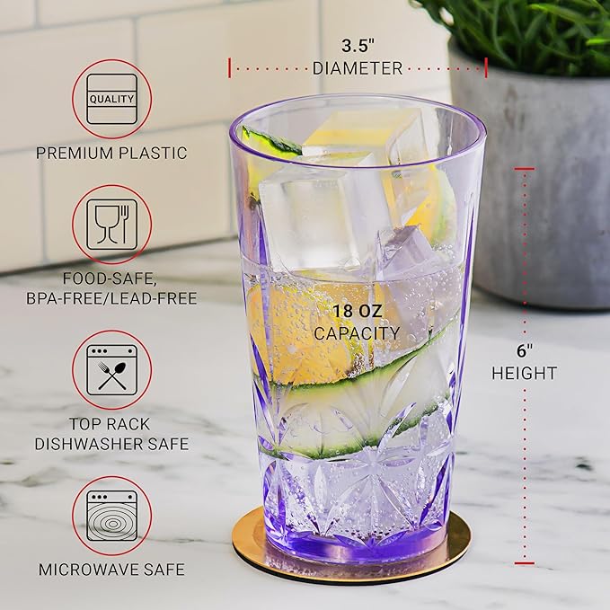 Bravario Royal Plastic Drinking Tumbler, Premium Quality Water Glasses, Dishwasher-Safe BPA-Free Durable Mixed Colors Assorted Stackable Cups, 18 oz Set of 6