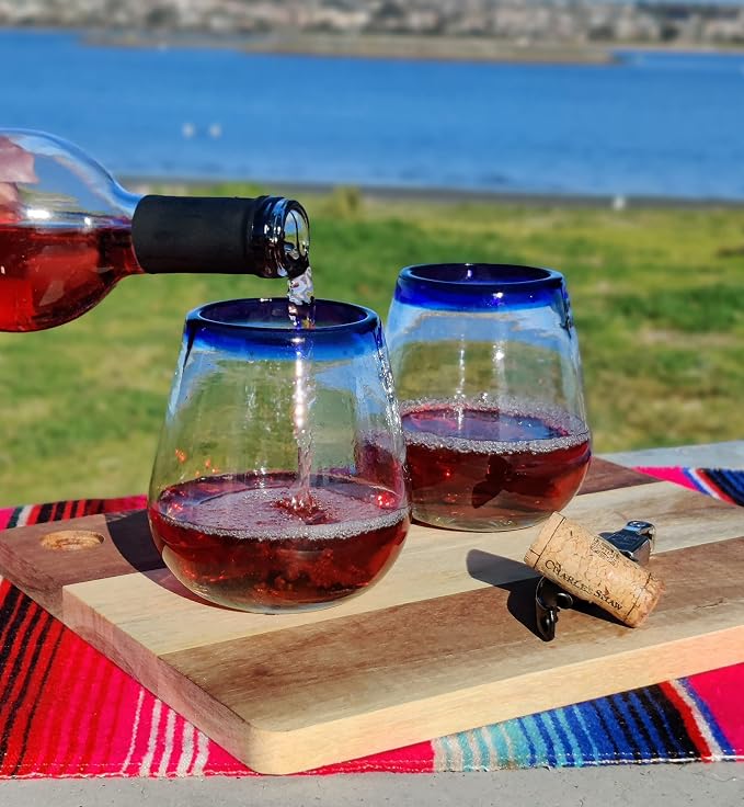 Dos Sueños Hand Blown Mexican Stemless Wine Glasses - Set of 6 Glasses with Cobalt Blue Rims (15 oz)