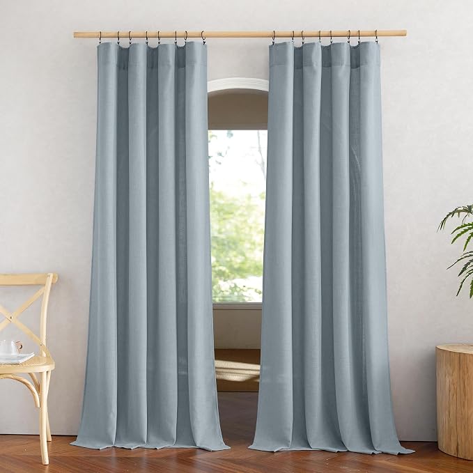 NICETOWN Linen Blend Mist Blue Curtains for Living Room, Rod Pocket & Back Tab Flax Burlap Window Treatments Semi Sheer Privacy with Light Filtering Drapes for Bedroom, W52 x L84, 2 Panels