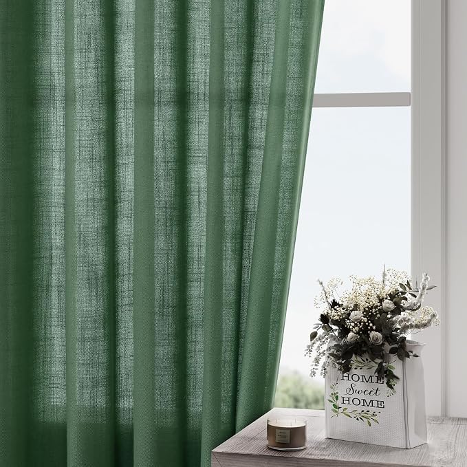 Nanspring Green Boho Curtains for Bedroom Back Tab Rod Pocket Semi Sheer Linen Curtains 90 Inches Long 2 Panel Set Light Filtering Neutral Farmhouse Lightweight Drapes for Living Room 52x90