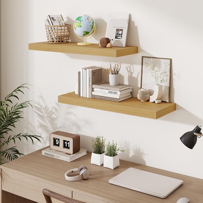 Fun Memories Floating Shelves for Wall, 30 Inch Long Floating Shelves Set of 3, 30 x 10 Wooden Shelves for Wall, Large Storage Shelves, Hanging Shelves for Bathroom Kitchen Bedroom, Oak