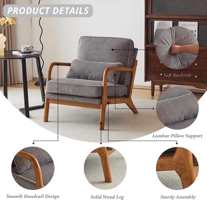 Karl home Mid-Century Modern Accent Reading Chair, Grey | Corduroy Upholstered, Solid Wood Frame, Soft Cushion, Lumbar Pillow, Lounge Armchair for Living Room, Bedroom, Balcony, Study