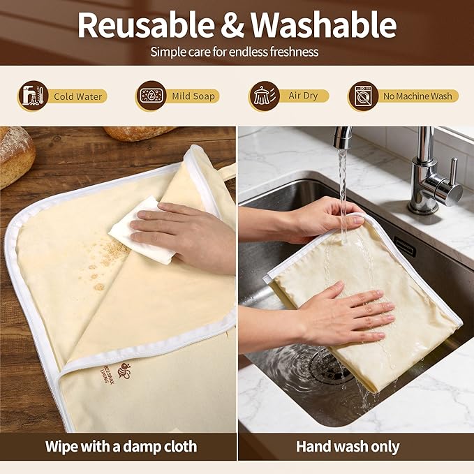 2 Pack Beeswax Bread Bags with L-Shaped Zipper, X-Large Easy-Access Reusable Wrap for Sourdough & Baguettes, Sustainable Organic Cotton Food Storage, Zero Waste Artisan Bread Protector