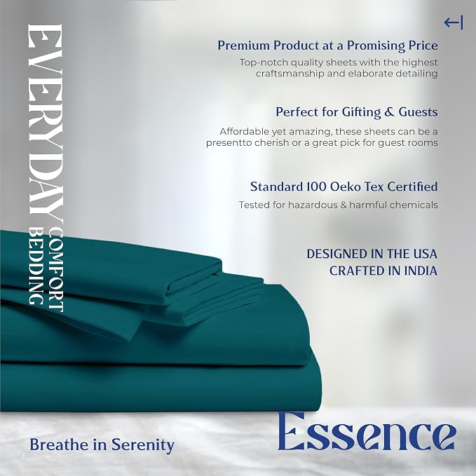 Mayfair Linen 100% Organic Cotton Sheets Queen Size - 4 PC Organic Cotton Queen Size Percale Weave Sheet Set, Soft, Cooling, Crisp & Breathable, 16" Deep Pocket Hotel Quality Bedding Set - Teal