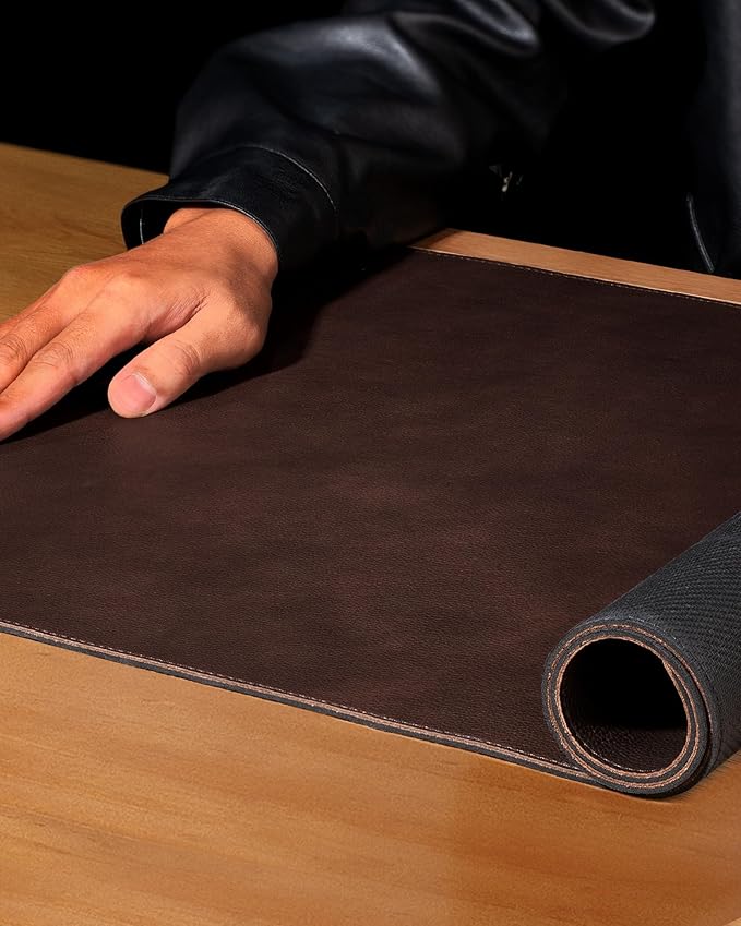 YSAGi Genuine Leather Desk Mat, 23.6"x13.8" Office Desk Pad, Thick Desk Pad Mat with Stitched Line, Non-Slip Desk Mat with Rubber Base (Dark Brown, 23.6"x13.8")