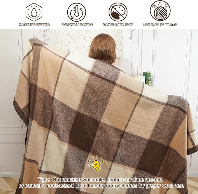 YOUR MOON 100% Pure Wool Blanket Twin Size, Natural Australian Wool Blankets, Medium Weight, Hypoallergenic Blanket for Bed (Coffee, 66 * 90)