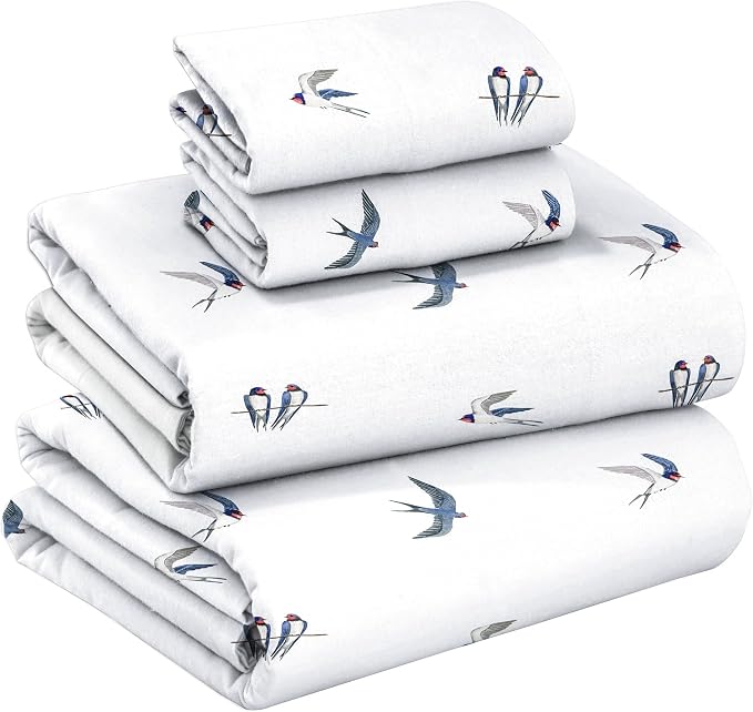 RUVANTI Flannel Sheets Queen Size - GOTS Certified 100% Organic Cotton, 4 Piece Warm, Soft & Breathable Set, Deep Pocket Snug Fit, Double Brushed Cozy All Season Bedding, Whispering Wings
