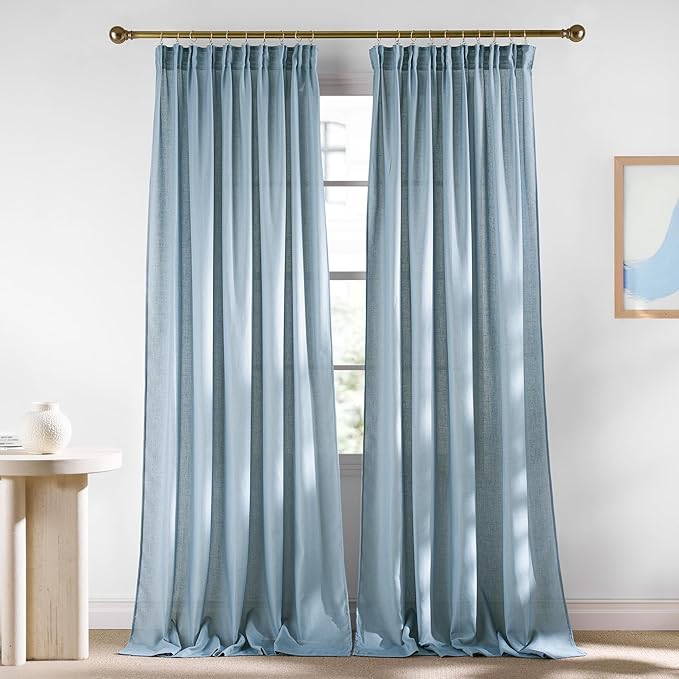 NICETOWN Semi Sheer Linen Stone Blue Farmhouse Curtains, Back Tab/Rod Pocket with Pleat Tape Privacy Added with Light Filtering Window Treatments for Bedroom, W52 x L95, 2 Panels