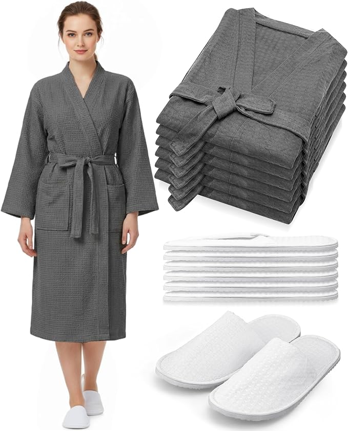 Jecery Waffle Bathrobe and Slippers Bulk Set Spa Robes Hotel Bath Lightweight Thin Commercial Soft for House Shower Party