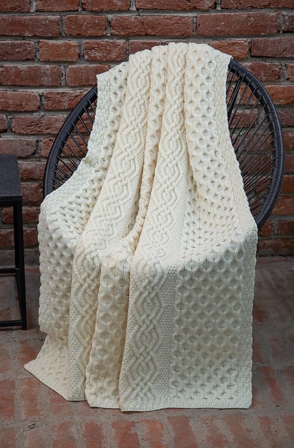 SAOL Honeycomb and Cable Knit Patterns 100% Irish Merino Wool Aran Throw/Blanket 60 x 40 inches (Natural)