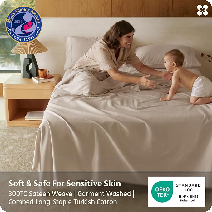 Bedsure 100% GOTS Certified Organic Cotton Sheets, Full Size Sheets, 16" Deep Pocket Bedsheets with Corner Straps, Eco-Friendly, Soft, Breathable & Luxury PureWoven Cotton Hotel Bedding, Light Brown