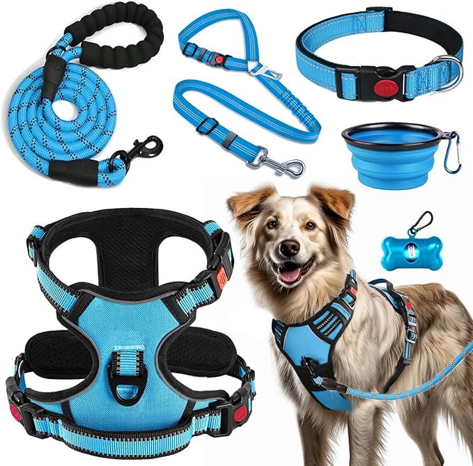 LOBEVE No Pull Dog Harness, Collar & Leash Set | Includes Dog Seat Belt, Collapsible Bowls & Poop Bag Dispenser. Ideal for Training, Walking, Hiking. Fits Small to Large Dogs(Blue-L)