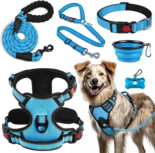 LOBEVE No Pull Dog Harness, Collar & Leash Set | Includes Dog Seat Belt, Collapsible Bowls & Poop Bag Dispenser. Ideal for Training, Walking, Hiking. Fits Small to Large Dogs(Blue-L)
