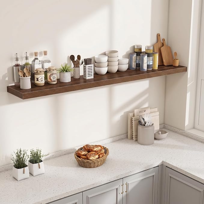 Fun Memories 72 Inch Fireplace Mantel Shelf, 10 Inch Deep Shelves for Display & Wall Storage, Rustic Wood Wall Shelf, Extra Long Floating Shelves for Living Room Laundry Room, Walnut, Set of 1
