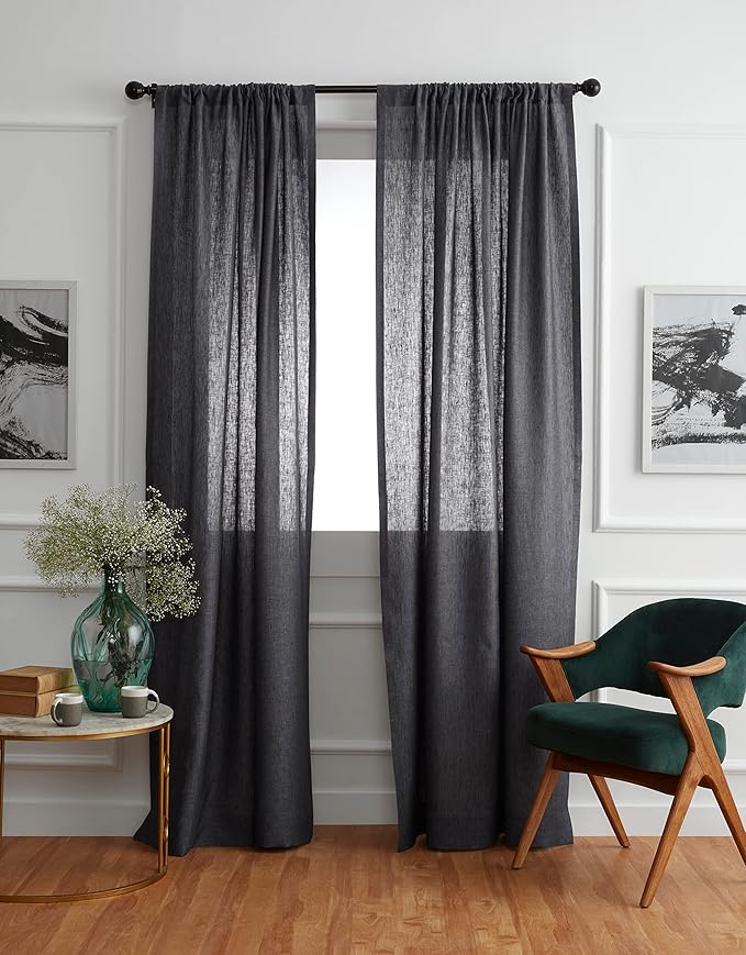 Solino Home European Flax Linen Curtain Charcoal Grey, 52 x 108 Inch Light Filtering Rod Pocket Curtain 108 Inches Long, 100% Pure Linen Window Treatment for Living Room, Bedroom - 1 Panel