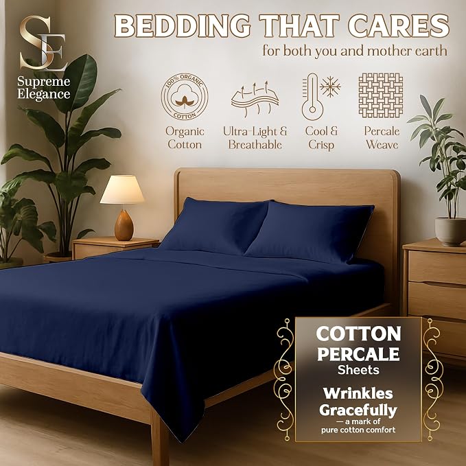 SUPREME ELEGANCE 3Pc 100% Organic Cotton Twin XL Sheets Set, Dark Blue, Cooling Percale, Deep Pocket Fitted Sheet, Fits 14" Mattresses, Breathable Bed Sheets & Pillowcases Set, Crisp Bedding