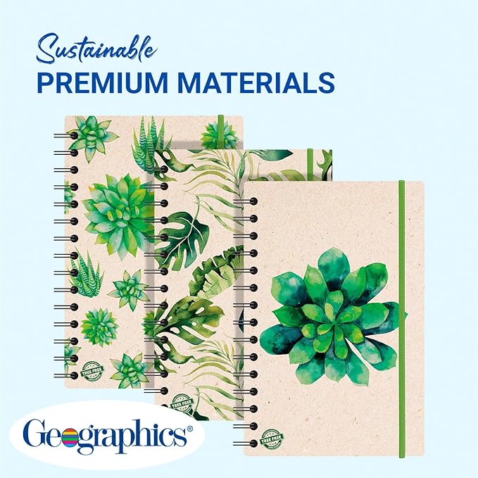 Geographics Eco Journal 5.4" x 8.25", Tree-Free Spiral Notebook with 70 gsm Sugar Cane Paper, Daily Nature Journal with Double-Wire Binding & Elastic Band, 80 Sheets, Tropical Leaves