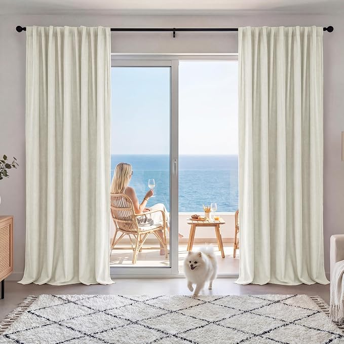 RYB HOME Cream Beige Linen 100% Blackout Curtains for Bedroom W52 x L102, Linen Blackout Curtains Privacy Assurd& Thermal Insulated for Sliding Door/Living Room/Nursery, 2 Panels