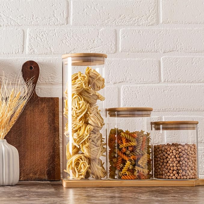 SHOWIN 53oz Glass Food Storage Jars, Glass Jars with Bamboo Lids, Kitchen Storage Jars, Set of 4, Canisters with Airtight Lids for Spice, Coffee, Cookie, Pantry Organizers