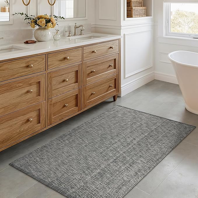 LEEVAN Washable Grey Entryway Rug 3x5, Cotton Woven Kitchen Living Room Rugs, Modern Indoor Door Mat, Farmhouse Laundry Room Rugs Reversible Throw Carpet for Nursery Playroom Entry Bathroom Bedroom