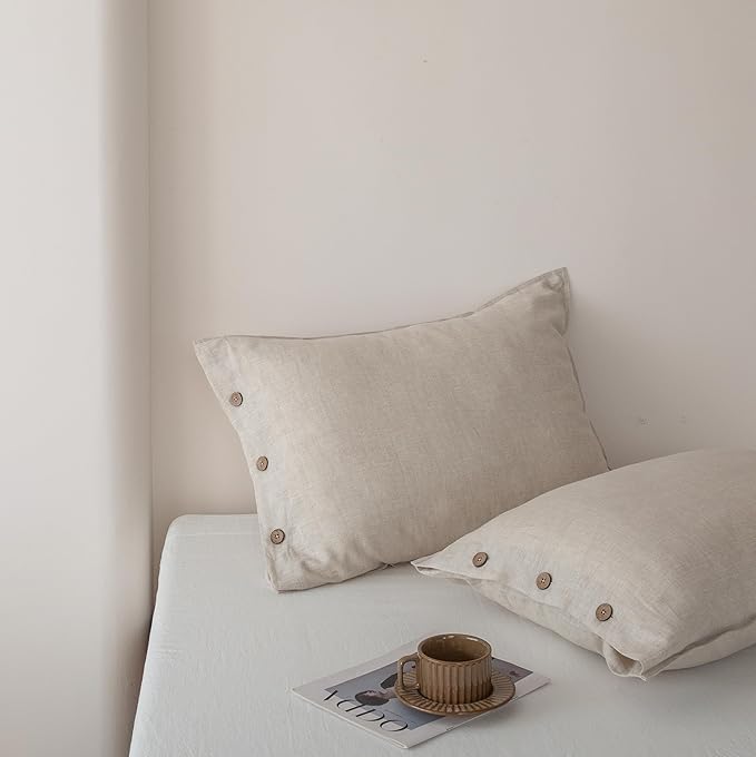 EVERLY 100% Linen Pillowcases Set of 2, French Linen from Normandy, 20X26Inch Standard Size, Natural Color, Coconut Buttons Closure, Flax Pillowshams-Pillowcase-Linen