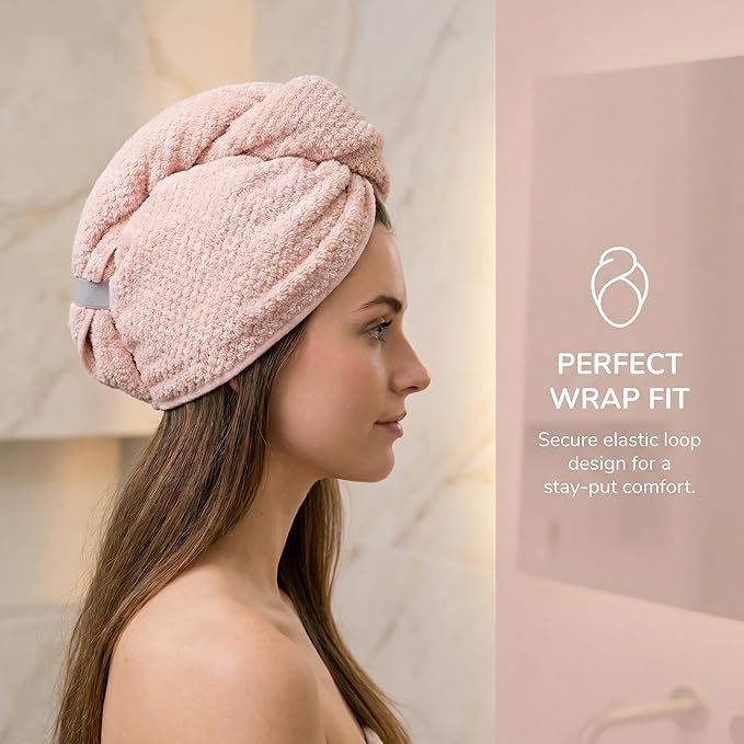 Microfiber Hair Towel wrap for Long Curly Hair Super Absorbent Quick Drying Turban Cap Thick lint Free Lightweight 90g Travel Essential for Women After Shower Anti frizz (Blue, Pink & Gray)