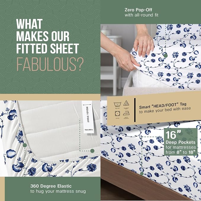 TEXAS LINEN CO. 100% Organic Cotton Sheets Twin XL Size - 3 PC Organic Cotton Percale Printed Sheets Twin XL Set (Floral Blue), Soft, Crisp Bedsheets, 16" Deep Pocket Hotel Bedding - GOTS Certified
