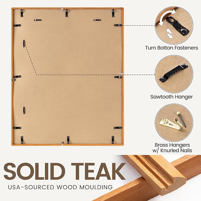 22x28 Poster Frame, USA-Sourced Teak Wood Picture Frame with HD Tempered Glass, Handcrafted Rounded Corner 22 x 28 Wooden Frames Matted to 18x24 Photos, Horizontal or Vertical Wall Display