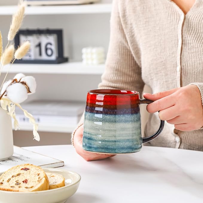 Large Ceramic Coffee Mug, Handmade Pottery Mugs, Tea Cups with Big Handle for Office and Home, 15.5 oz, Dishwasher and Microwave Safe (Red)