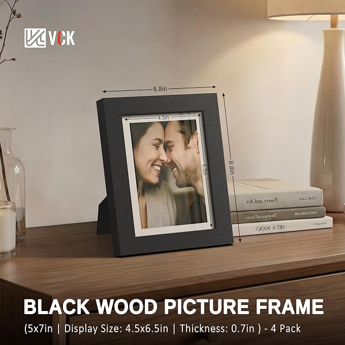 VCK 5x7 Picture Frame Black - 4 Pack, Gallery-Quality Wood Poster Frames, 1.1-Inch Wide Border, Polished Plexiglass, Vertical or Horizontal Wall & Tabletop