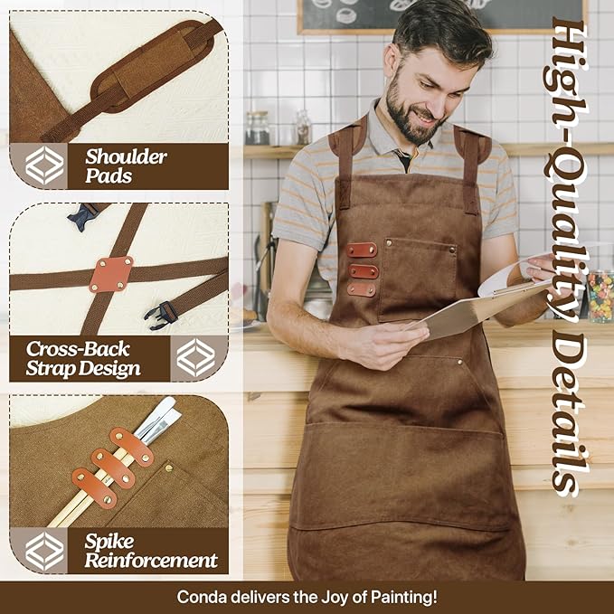 conda Chef Apron, 1 Pack, Cross Back Straps Apron with Pockets for Men Women, Cotton Canvas Adjustable Work Apron for Cooking Pottery Baking Serving