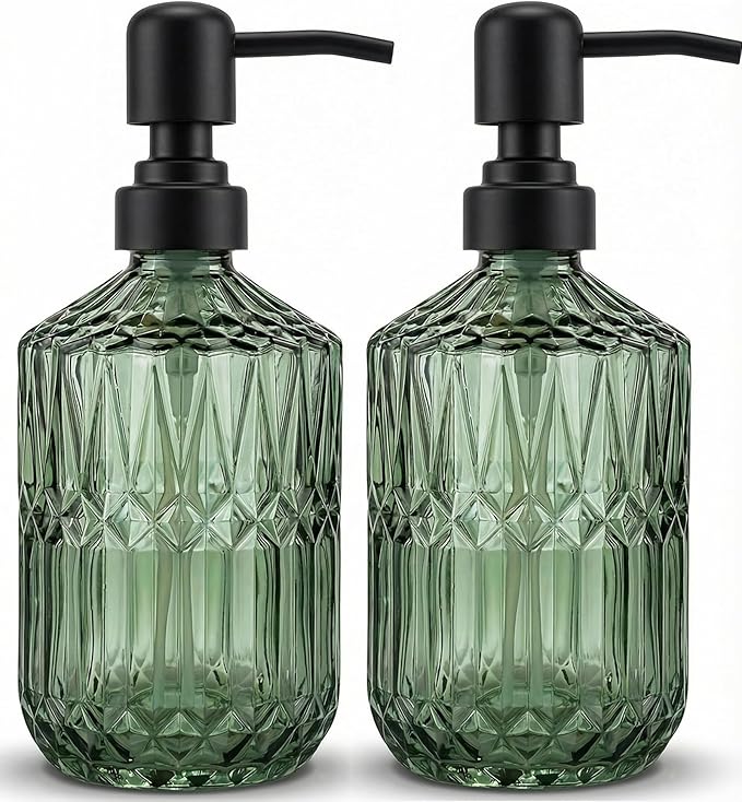 2-Pack Green Glass Soap Dispenser for Bathroom, Decorative Hand Soap Dispenser with Black Rust Proof Pump, Farmhouse Kitchen Soap Dispenser for Hand Soap, Dish Soap, Lotion, Body Wash (14 OZ)