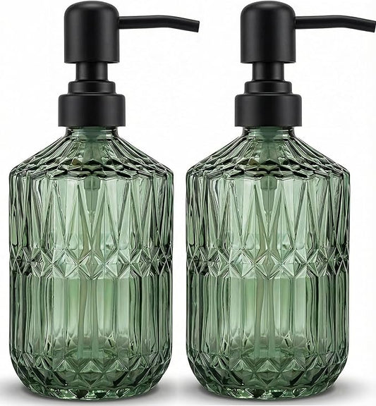 2-Pack Green Glass Soap Dispenser for Bathroom, Decorative Hand Soap Dispenser with Black Rust Proof Pump, Farmhouse Kitchen Soap Dispenser for Hand Soap, Dish Soap, Lotion, Body Wash (14 OZ)