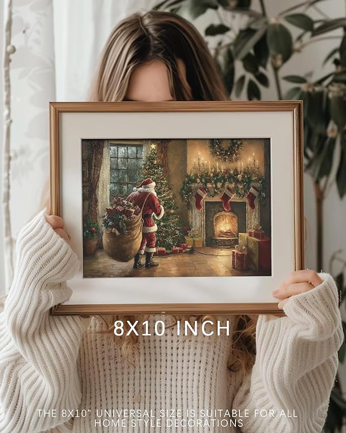 Vodefoad Vintage Christmas Claus Wall Art Cottagecore Santa Claus Canvas Decor Academia Xmas Decor Winter Print Christmas Tree Painting for Christmas Holiday - 8x10Inch Unframe