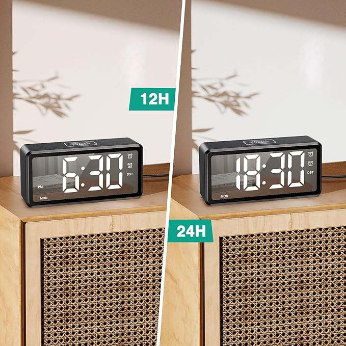 ORIA Wooden Digital Alarm Clock, LED Mirror Desk Clock with Dual Alarms, Snooze, Adjustable Brightness & Volume, Week, DST, for Bedroom Bedside Office